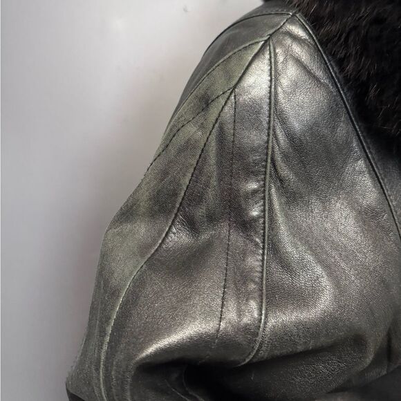 Black Leather Fur-Trim Trench Coat W/ Gold Buttons - Picture 13 of 15